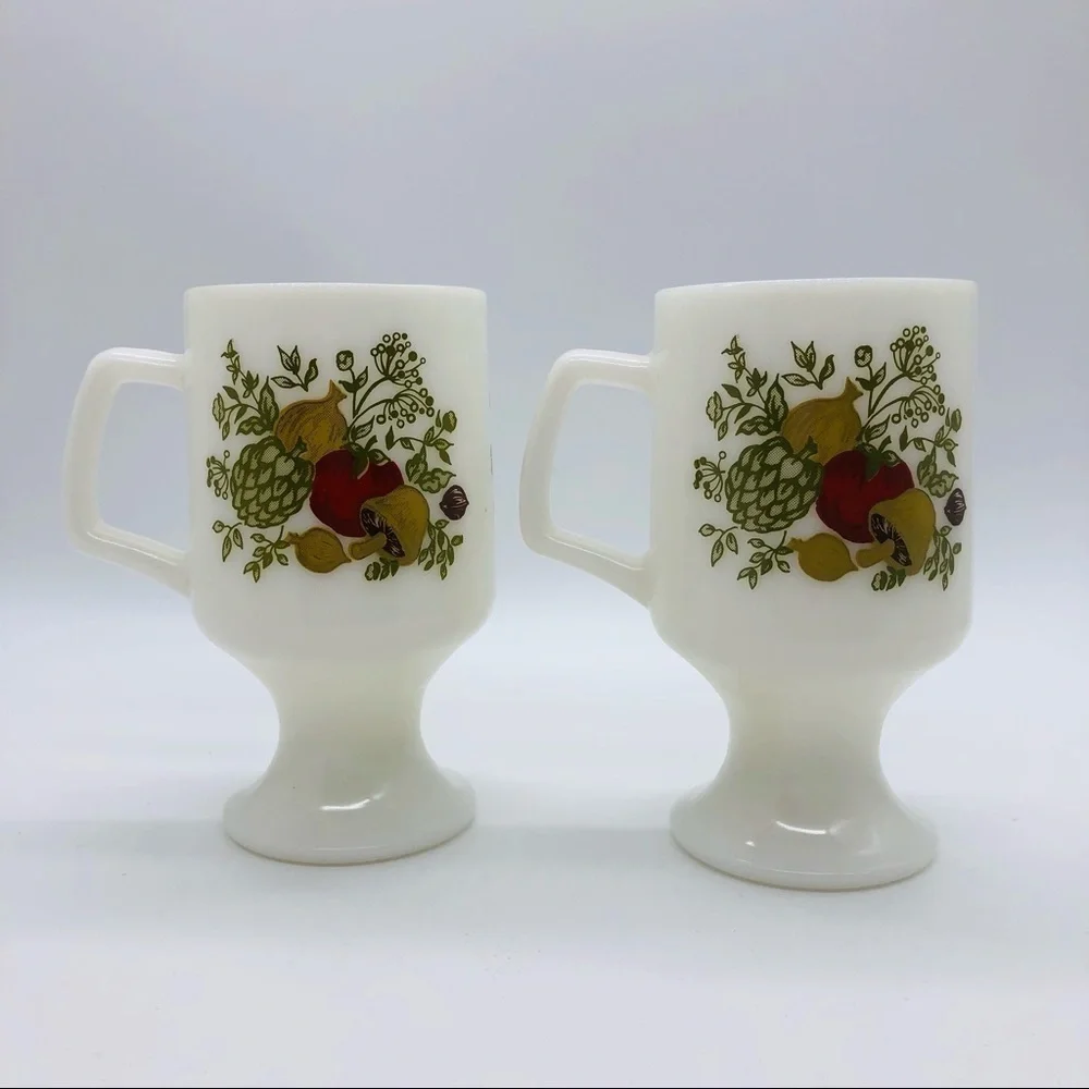 RETRO MUSHROOM PEDESTAL MILK GLASS COFFEE MUGS - SET OF 2